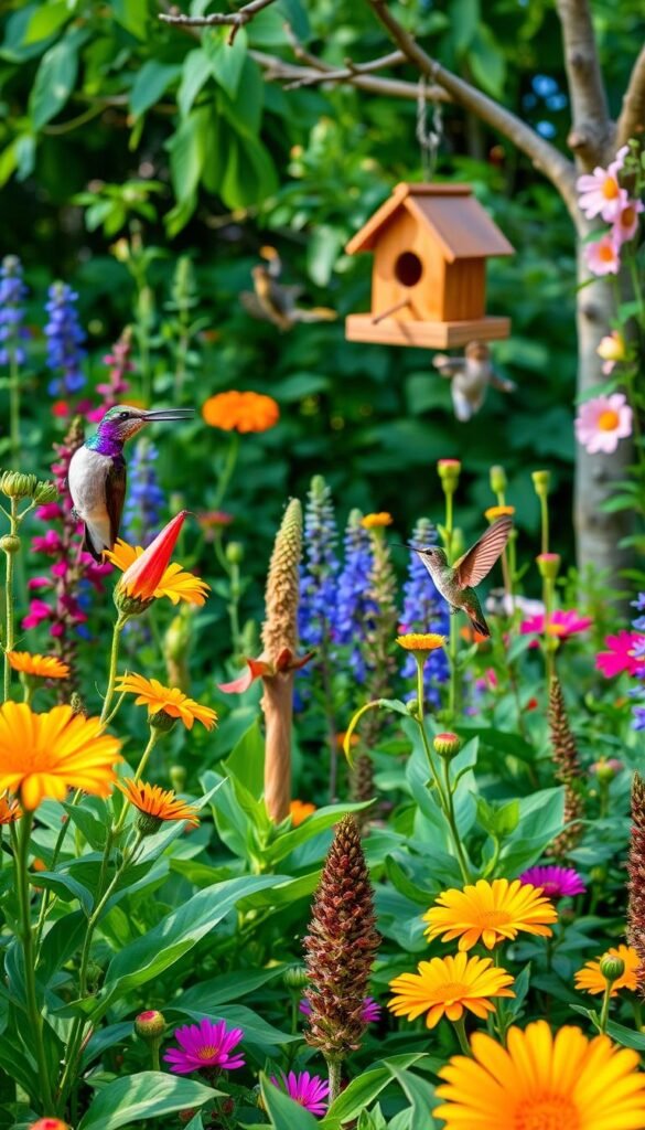 A lush, verdant garden filled with vibrant hummingbird-friendly native flowers and plants. In the foreground, a pair of hummingbirds delicately sip nectar from trumpet-shaped blooms, their iridescent feathers glimmering in the soft, natural light. The middle ground features a variety of nectar-rich plants, carefully chosen to attract these tiny, aerial acrobats. In the background, a wooden birdhouse hangs from a tree branch, providing a safe haven for the hummingbirds. The scene exudes a sense of harmony and balance, reflecting a pesticide-free, eco-friendly oasis that welcomes these enchanting creatures. A lush, verdant garden filled with vibrant hummingbird-friendly native flowers and plants. In the foreground, a pair of hummingbirds delicately sip nectar from trumpet-shaped blooms, their iridescent feathers glimmering in the soft, natural light. The middle ground features a variety of nectar-rich plants, carefully chosen to attract these tiny, aerial acrobats. In the background, a wooden birdhouse hangs from a tree branch, providing a safe haven for the hummingbirds. The scene exudes a sense of harmony and balance, reflecting a pesticide-free, eco-friendly oasis that welcomes these enchanting creatures.