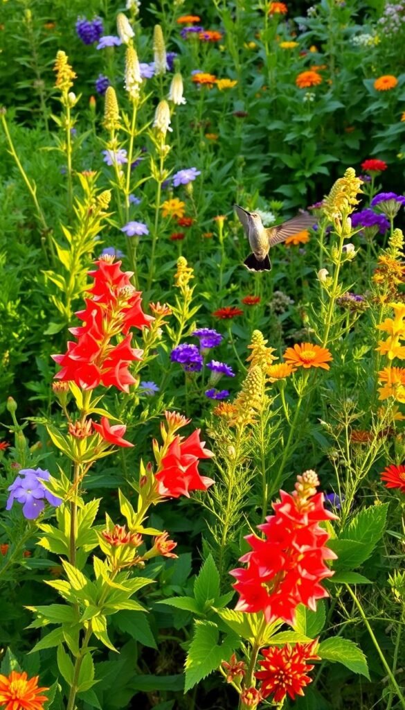 A lush, vibrant garden bursting with an array of native plants, perfectly suited to attract hummingbirds. In the foreground, clusters of bright red, trumpet-shaped flowers sway gently in a soft breeze, their nectar-rich petals beckoning the tiny, iridescent birds. Surrounding the flowers, a mix of verdant foliage in varying shades of green, creating a welcoming, layered backdrop. In the middle ground, a variety of other native blooms, from delicate purple clusters to vibrant orange blossoms, add depth and visual interest. The scene is bathed in warm, golden light, casting a serene, inviting atmosphere, perfect for the hummingbirds to flit and hover, sipping nectar and darting between the blooms. A lush, vibrant garden bursting with an array of native plants, perfectly suited to attract hummingbirds. In the foreground, clusters of bright red, trumpet-shaped flowers sway gently in a soft breeze, their nectar-rich petals beckoning the tiny, iridescent birds. Surrounding the flowers, a mix of verdant foliage in varying shades of green, creating a welcoming, layered backdrop. In the middle ground, a variety of other native blooms, from delicate purple clusters to vibrant orange blossoms, add depth and visual interest. The scene is bathed in warm, golden light, casting a serene, inviting atmosphere, perfect for the hummingbirds to flit and hover, sipping nectar and darting between the blooms.
