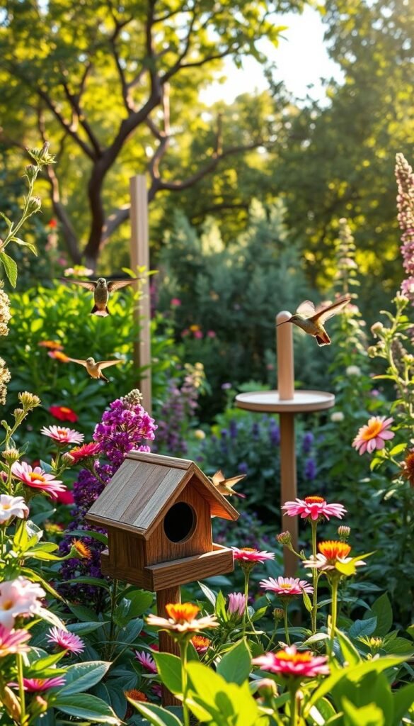 A lush, vibrant garden oasis with a variety of native plants providing ample perches and shelters for a mesmerizing hummingbird. In the foreground, a beautifully crafted wooden birdhouse nestled amidst blooming flowers, creating a cozy haven. Delicate hummingbirds flit gracefully from one nectar-rich blossom to another, their iridescent feathers catching the warm, golden rays of the afternoon sun. The middle ground showcases a well-positioned wooden perch, inviting the tiny avian visitors to pause and rest. In the background, a verdant canopy of native trees and shrubs forms a natural sanctuary, providing shade, protection, and a sense of tranquility. The entire scene exudes a serene, inviting atmosphere, perfectly capturing the essence of "Providing Perches and Shelter" for hummingbirds in your garden. A lush, vibrant garden oasis with a variety of native plants providing ample perches and shelters for a mesmerizing hummingbird. In the foreground, a beautifully crafted wooden birdhouse nestled amidst blooming flowers, creating a cozy haven. Delicate hummingbirds flit gracefully from one nectar-rich blossom to another, their iridescent feathers catching the warm, golden rays of the afternoon sun. The middle ground showcases a well-positioned wooden perch, inviting the tiny avian visitors to pause and rest. In the background, a verdant canopy of native trees and shrubs forms a natural sanctuary, providing shade, protection, and a sense of tranquility. The entire scene exudes a serene, inviting atmosphere, perfectly capturing the essence of "Providing Perches and Shelter" for hummingbirds in your garden.