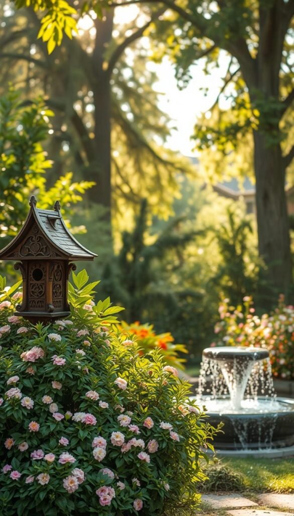 A serene bird shelter nestled amidst a lush, verdant backyard oasis. In the foreground, an ornate birdhouse with intricate carved details, inviting feathered residents to take refuge. Surrounding it, a cluster of dense, flowering shrubbery provides ample cover and nesting material. In the middle ground, a cascading water feature bubbles softly, drawing in thirsty birds. Towering trees in the background cast dappled sunlight, creating a warm, welcoming ambiance. The scene is bathed in soft, golden hues, conveying a sense of tranquility and safety - the perfect sanctuary for birds to thrive in your backyard haven. A serene bird shelter nestled amidst a lush, verdant backyard oasis. In the foreground, an ornate birdhouse with intricate carved details, inviting feathered residents to take refuge. Surrounding it, a cluster of dense, flowering shrubbery provides ample cover and nesting material. In the middle ground, a cascading water feature bubbles softly, drawing in thirsty birds. Towering trees in the background cast dappled sunlight, creating a warm, welcoming ambiance. The scene is bathed in soft, golden hues, conveying a sense of tranquility and safety - the perfect sanctuary for birds to thrive in your backyard haven.
