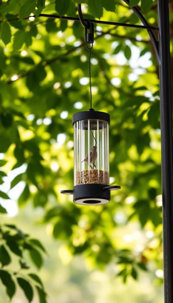 A squirrel-proof bird feeder hanging from a sturdy metal pole, its design featuring a sleek, cylindrical body with a transparent acrylic seed container. The feeder is elevated several feet off the ground, surrounded by lush, verdant foliage, with a natural, rustic atmosphere. Soft, diffused sunlight filters through the leaves, casting a warm, inviting glow on the scene. The feeder's metal components are finished in a matte black hue, creating a modern, minimalist aesthetic that blends seamlessly with the organic setting. The feeder's entry points are designed with physical barriers and weight-sensitive mechanisms to deter squirrels, ensuring the birds have exclusive access to the nutritious seed supply.