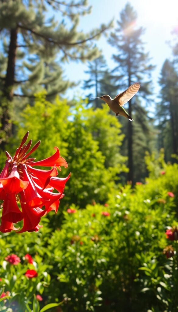 A sun-dappled forest glade, teeming with vibrant, nectar-rich flowers beyond the garden's edge. In the foreground, a cluster of crimson, trumpet-shaped blooms sway gently in a soft breeze. Overhead, a hummingbird hovers, its iridescent feathers shimmering as it darts from blossom to blossom, its long, slender beak probing for sweet nectar. In the middle ground, lush, verdant foliage provides a verdant backdrop, while in the distance, towering trees reach up towards a bright, azure sky. The scene is bathed in warm, golden light, creating a sense of tranquility and natural abundance, inviting the viewer to step beyond the confines of the garden and immerse themselves in the vibrant world of hummingbirds. A sun-dappled forest glade, teeming with vibrant, nectar-rich flowers beyond the garden's edge. In the foreground, a cluster of crimson, trumpet-shaped blooms sway gently in a soft breeze. Overhead, a hummingbird hovers, its iridescent feathers shimmering as it darts from blossom to blossom, its long, slender beak probing for sweet nectar. In the middle ground, lush, verdant foliage provides a verdant backdrop, while in the distance, towering trees reach up towards a bright, azure sky. The scene is bathed in warm, golden light, creating a sense of tranquility and natural abundance, inviting the viewer to step beyond the confines of the garden and immerse themselves in the vibrant world of hummingbirds.