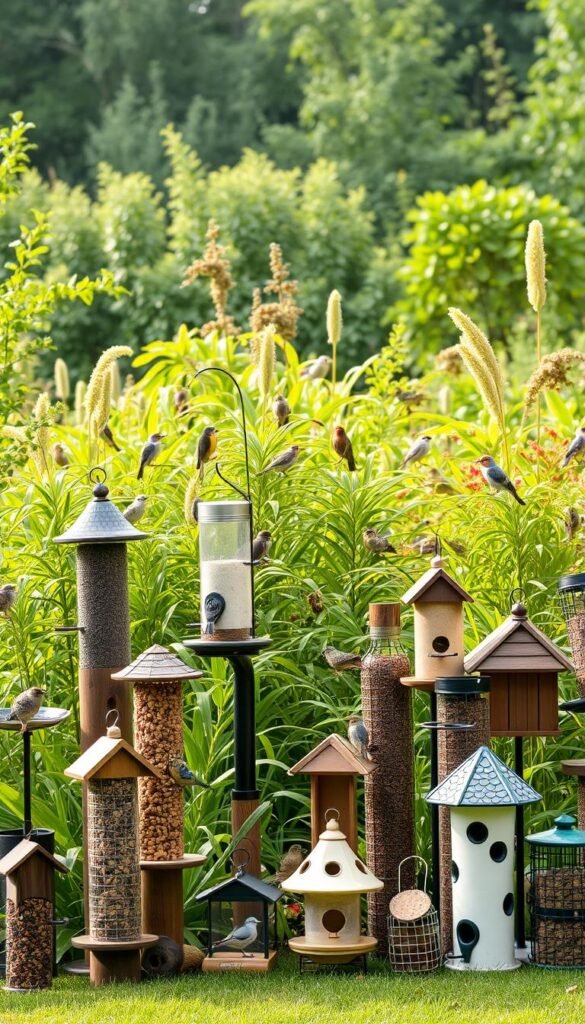 A thoughtfully curated display of various bird feeders in a naturalistic outdoor setting. In the foreground, an array of unique feeder designs including tube feeders, hopper feeders, suet feeders, and specialty feeders. The middle ground features a lush, verdant background with an array of native plants and foliage, creating a welcoming habitat for the avian visitors. Soft, diffused natural lighting illuminates the scene, casting gentle shadows and highlights on the feeders. The overall mood is one of serenity and harmony, inviting the viewer to imagine the variety of bird species that would be attracted to this carefully crafted feeding station.