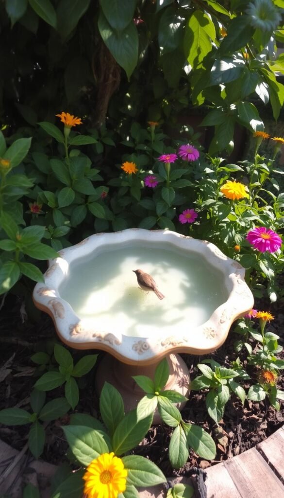 A tranquil bird bath nestled amidst lush greenery, with sunlight gently filtering through the leaves, creating a warm and inviting atmosphere. The water source is clean and shallow, perfectly suited for birds to bathe, drink, and refresh themselves. The surroundings feature a mix of vibrant flowers, verdant foliage, and natural textures, creating a serene and nature-inspired backyard oasis. The camera angle is slightly elevated, capturing the scene from an eye-level perspective, allowing the viewer to fully immerse themselves in the bird-friendly setting. A tranquil bird bath nestled amidst lush greenery, with sunlight gently filtering through the leaves, creating a warm and inviting atmosphere. The water source is clean and shallow, perfectly suited for birds to bathe, drink, and refresh themselves. The surroundings feature a mix of vibrant flowers, verdant foliage, and natural textures, creating a serene and nature-inspired backyard oasis. The camera angle is slightly elevated, capturing the scene from an eye-level perspective, allowing the viewer to fully immerse themselves in the bird-friendly setting.