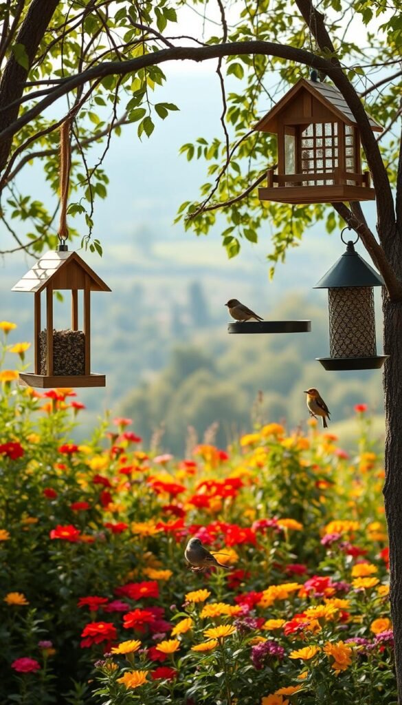 A tranquil bird feeder station nestled amidst a lush, verdant garden. In the foreground, a variety of stylish wooden and metal feeders hang from sturdy tree branches, adorned with perches and filled with an enticing array of birdseed. The middle ground showcases a vibrant floral backdrop, with blooming flowers in warm hues of red, yellow, and purple creating a vibrant tapestry. In the background, a softly blurred landscape of rolling hills and distant trees sets a serene, naturalistic tone. The lighting is gentle, with diffused sunlight filtering through the canopy, casting a soft, golden glow over the scene. The overall mood is one of peaceful coexistence, inviting the viewer to observe the delightful activity of birds visiting this welcoming haven.