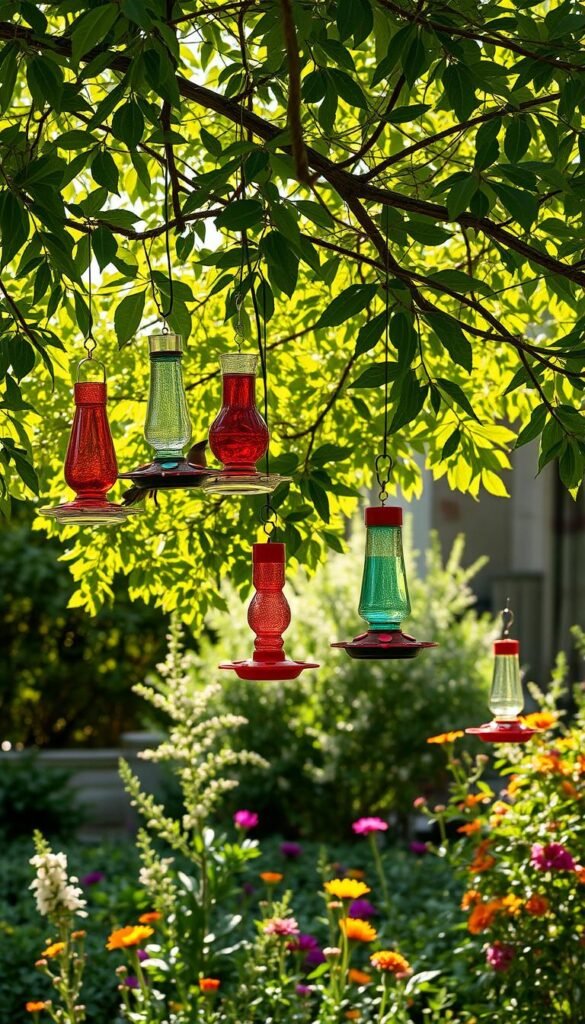 A tranquil garden scene with several vibrant hummingbird feeders suspended from lush, verdant tree branches. The feeders, crafted from colorful glass and metal, are filled with a sweet nectar that attracts the tiny, iridescent birds. Soft, diffused sunlight filters through the leaves, casting a warm, natural glow over the peaceful setting. In the background, a profusion of native flowers and shrubs provide abundant food sources and shelter for the hummingbirds. The composition emphasizes the harmony between the man-made feeders and the organic, welcoming environment, inviting the viewer to imagine the delightful flutter of hummingbird wings. A tranquil garden scene with several vibrant hummingbird feeders suspended from lush, verdant tree branches. The feeders, crafted from colorful glass and metal, are filled with a sweet nectar that attracts the tiny, iridescent birds. Soft, diffused sunlight filters through the leaves, casting a warm, natural glow over the peaceful setting. In the background, a profusion of native flowers and shrubs provide abundant food sources and shelter for the hummingbirds. The composition emphasizes the harmony between the man-made feeders and the organic, welcoming environment, inviting the viewer to imagine the delightful flutter of hummingbird wings.