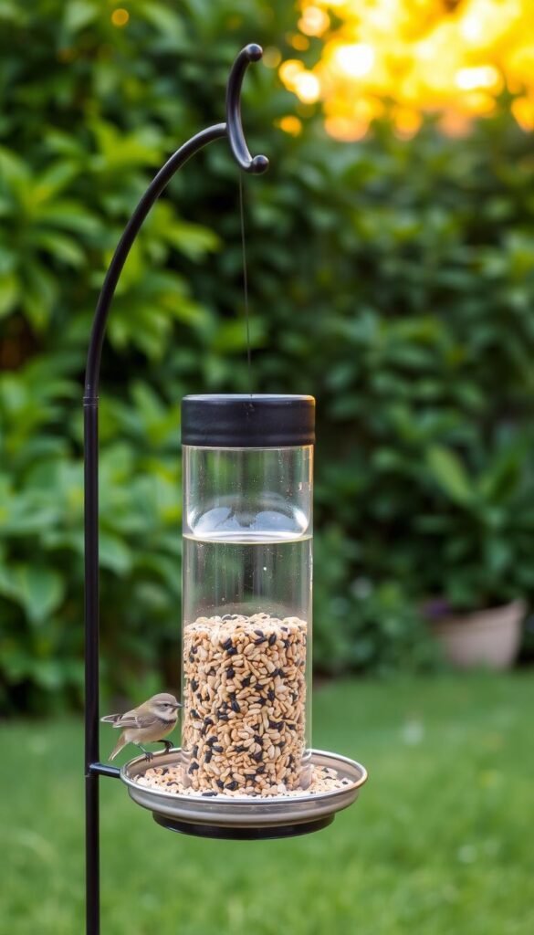 A well-designed bird feeder in the foreground, featuring a sturdy metal frame and a clear acrylic hopper to provide a view of the seed. The feeder is positioned in a lush, verdant garden setting, with a background of vibrant foliage and a warm, golden-hour lighting. The scene conveys a sense of tranquility and harmony, inviting birds to comfortably feed while creating an aesthetically pleasing addition to the outdoor space. The overall composition emphasizes the importance of selecting a functional yet visually appealing feeder that complements its natural environment.