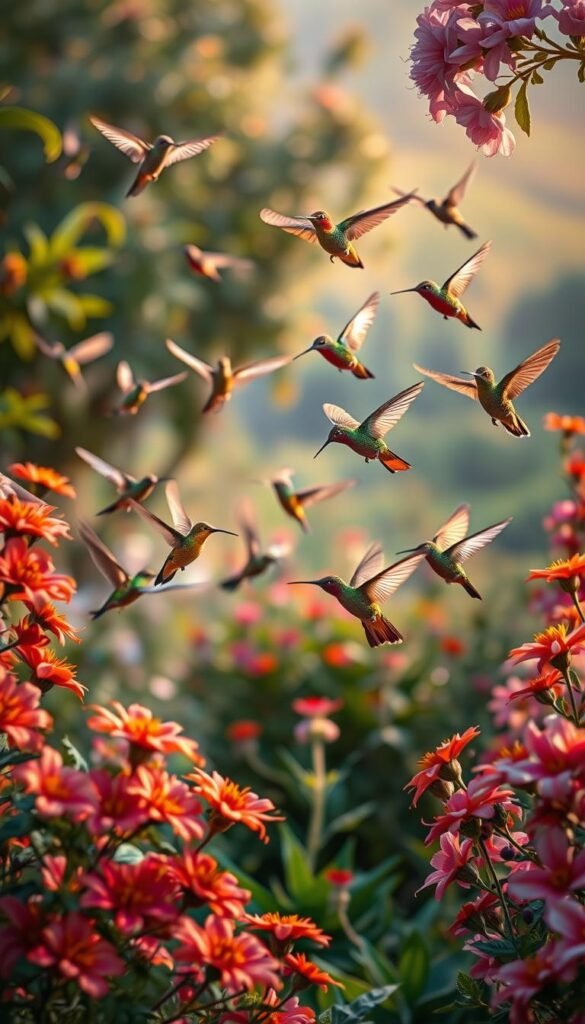 Hummingbirds in a lush, vibrant garden. A cluster of diverse hummingbird species in flight, their iridescent feathers gleaming in the warm, soft lighting. Flitting among a profusion of native blooms in the foreground, their delicate wings a blur of motion. In the middle ground, a mix of verdant foliage frames the scene, while the background gently fades into a dreamy, out-of-focus landscape. Capture the graceful, captivating essence of these fascinating creatures in an immersive, artistic composition. Hummingbirds in a lush, vibrant garden. A cluster of diverse hummingbird species in flight, their iridescent feathers gleaming in the warm, soft lighting. Flitting among a profusion of native blooms in the foreground, their delicate wings a blur of motion. In the middle ground, a mix of verdant foliage frames the scene, while the background gently fades into a dreamy, out-of-focus landscape. Capture the graceful, captivating essence of these fascinating creatures in an immersive, artistic composition.