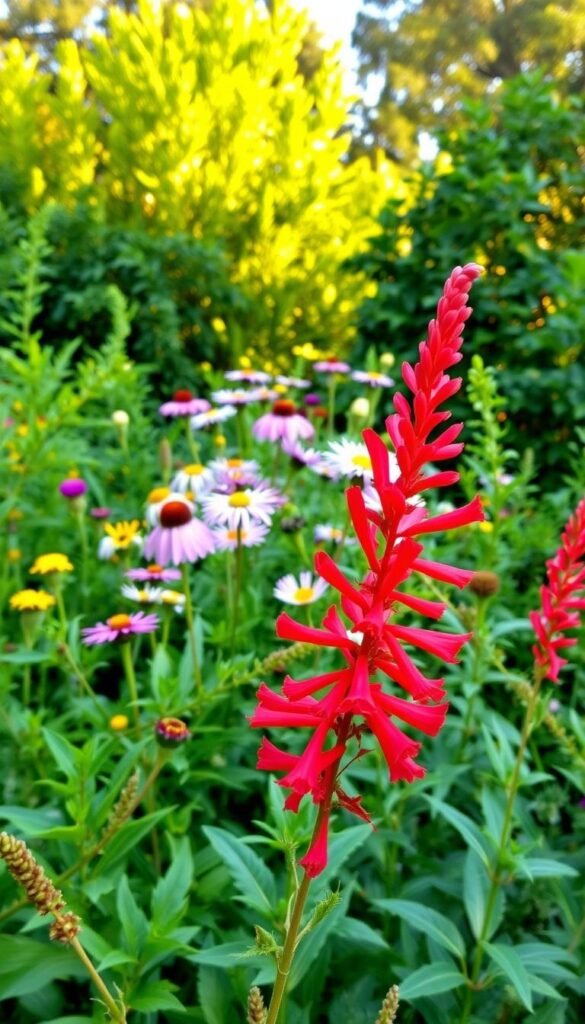 Vibrant hummingbird-friendly native flowers in a lush garden setting. In the foreground, a cluster of bright red tubular flowers, possibly a variety of fuchsia or salvia, with delicate petals inviting hummingbirds to sip nectar. In the middle ground, a mix of purple, yellow, and white blooms, perhaps asters, coneflowers, and bee balm, swaying gently in a soft, warm breeze. The background features verdant foliage of native shrubs and trees, creating a serene, natural backdrop. Warm, diffused lighting illuminates the scene, highlighting the vivid colors and textures. The overall mood is one of abundance, tranquility, and an invitation for hummingbirds to thrive in this lush, vibrant garden. Vibrant hummingbird-friendly native flowers in a lush garden setting. In the foreground, a cluster of bright red tubular flowers, possibly a variety of fuchsia or salvia, with delicate petals inviting hummingbirds to sip nectar. In the middle ground, a mix of purple, yellow, and white blooms, perhaps asters, coneflowers, and bee balm, swaying gently in a soft, warm breeze. The background features verdant foliage of native shrubs and trees, creating a serene, natural backdrop. Warm, diffused lighting illuminates the scene, highlighting the vivid colors and textures. The overall mood is one of abundance, tranquility, and an invitation for hummingbirds to thrive in this lush, vibrant garden.