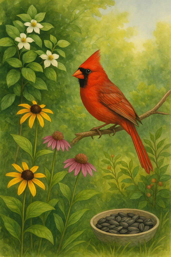 Illustration of a cardinal perched among native flowers and shrubs in a garden with black-eyed Susans and coneflowers.