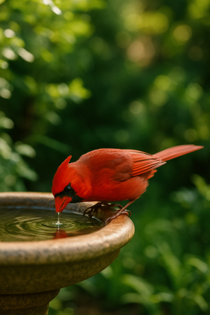 A cardinal drinking from a shallow birdbath with clean water, illustrating the importance of providing fresh water year-round