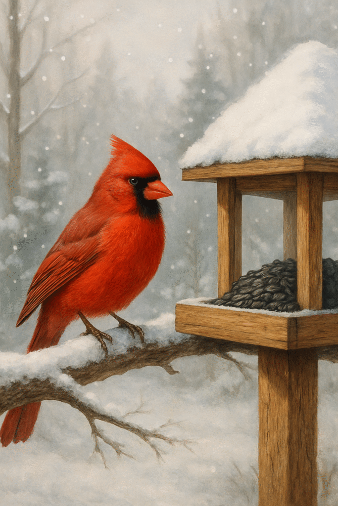 A cardinal perched on a snow-covered branch next to a wooden feeder overflowing with seeds, showing winter feeding strategies