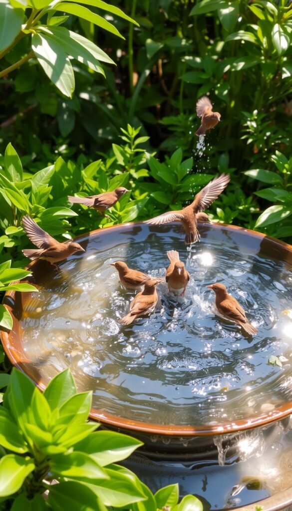 A bird bath nestled in a lush, verdant garden, with crystal-clear flowing water and a gentle, swirling motion. The bath is surrounded by a variety of healthy, vibrant plants, their leaves gently swaying in a light breeze. Sunlight filters through the canopy, casting a warm, soft glow on the scene. Birds of various species dart in and out, splashing and bathing, their feathers glistening with droplets of water. The overall atmosphere is one of tranquility, cleanliness, and rejuvenation, inviting the birds to return time and again.