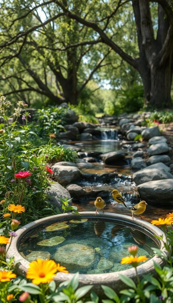 A bird watching water feature set in a lush, natural garden. In the foreground, a shallow birdbath filled with crystal clear water, surrounded by vibrant wildflowers and verdant foliage. In the middle ground, a small, gently flowing stream cascading over smooth rocks, creating a soothing ambient sound. The background is framed by mature trees, their branches swaying in a soft breeze, dappled sunlight filtering through the leaves. The scene exudes a peaceful, serene atmosphere, inviting goldfinches to bathe, drink, and observe their natural environment. Captured with a wide-angle lens to showcase the tranquil water feature and its harmonious integration into the garden landscape.