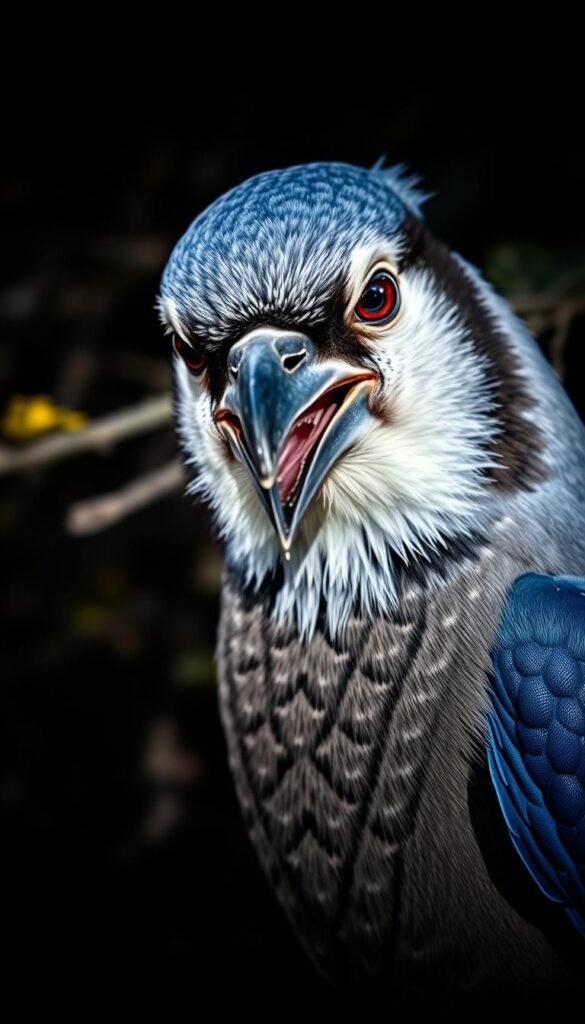 A captivating close-up portrait of a bold blue jay, its sharp beak slightly open in a cunning expression. The bird's striking plumage shimmers under dramatic chiaroscuro lighting, casting deep shadows that accentuate its fierce, predatory gaze. In the blurred background, a thicket of branches and leaves hints at the bird's natural habitat, suggesting the deceptive strategies it employs to conceal itself and ambush its prey. The overall mood is one of stealth, power, and the primal instincts that drive this intelligent songbird's aggressive defensive behaviors.