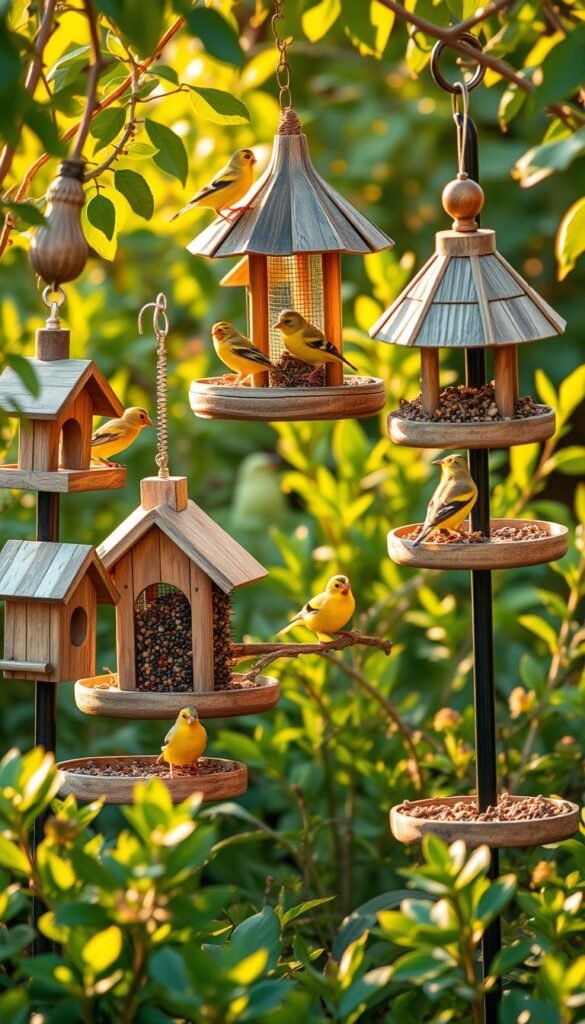 A charming bird feeding station nestled in a lush, verdant garden, with multiple feeders in various sizes and designs catering to the delightful goldfinches. The scene is bathed in warm, golden sunlight, casting a soft, inviting glow on the feathered visitors as they flutter and perch among the feeders. The feeders themselves are crafted from natural materials, seamlessly blending into the surrounding foliage, creating a harmonious and inviting environment for the birds. The composition is well-balanced, with the feeders arranged in a visually appealing layout, allowing for an immersive and engaging view of the goldfinches as they partake in their daily feeding rituals.