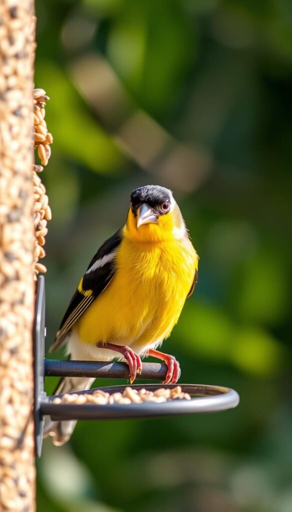 A close-up, high-resolution photograph of a vibrant nyjer seed goldfinch (Spinus tristis) perched on a bird feeder, surrounded by a soft, out-of-focus natural background with lush green foliage. The goldfinch is feeding intently, its vibrant yellow body and black cap and wings in sharp focus, capturing the bird's beauty and energy. The lighting is warm and natural, with subtle shadows and highlights accentuating the goldfinch's delicate features. The composition places the bird in the center, filling the frame and drawing the viewer's attention to the essential food source for this beloved backyard bird.