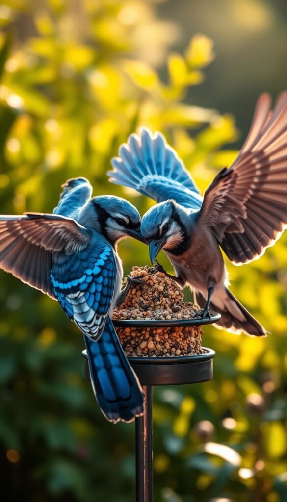 A close-up of two blue jays perched aggressively on a bird feeder, wings spread and beaks open, defending their territory against other birds. The birds are sharply in focus, with a soft, blurred background of a lush, verdant garden. The scene is bathed in warm, golden sunlight, casting dramatic shadows and highlights on the jays' vibrant blue feathers. The overall mood is one of intense territorial behavior and competition for resources. A wide-angle lens captures the dynamic interaction between the two jays, conveying a sense of the birds' fierce determination to maintain control of the feeder.