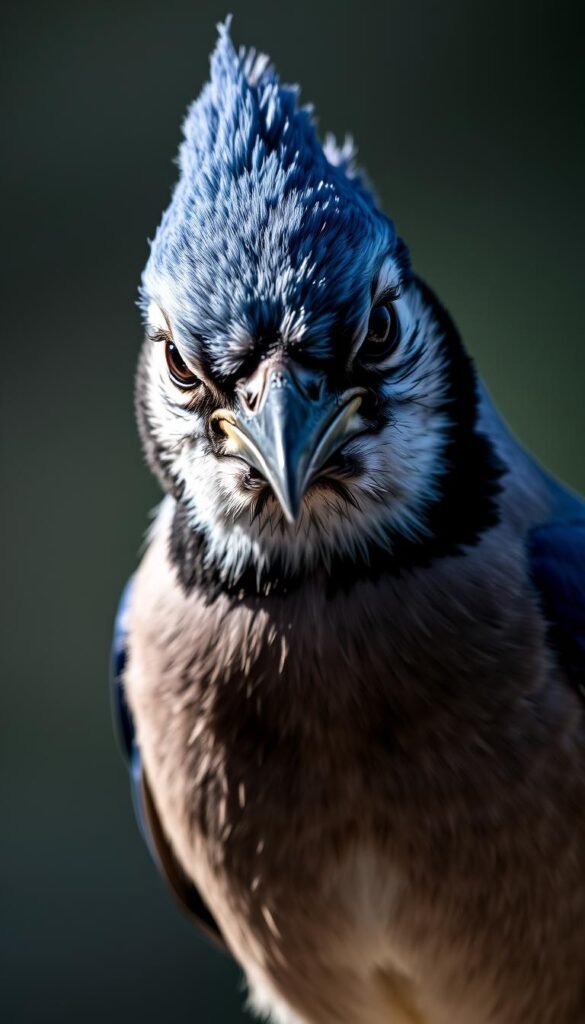 A close-up portrait of a blue jay in a combative stance, its crest feathers raised and eyes narrowed with intensity. The bird's sharp beak is slightly parted, conveying its aggressive demeanor. The background is blurred, placing the focus entirely on the jay's expressive face and body language. Dramatic side lighting casts dramatic shadows, emphasizing the bird's predatory features. The image radiates a sense of tension and the jay's readiness to defend its territory or resources with force.