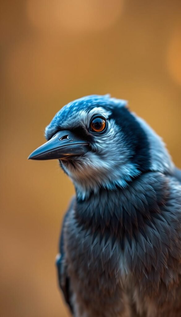 A close-up portrait of a bold, inquisitive blue jay, its sharp eyes gleaming with intelligence. The bird's head is tilted slightly, as if pondering a complex problem. The background is a blurred, dreamlike forest, hinting at the bird's natural habitat and the broader context of its behavior. Warm, soft lighting illuminates the bird's vibrant feathers, creating a sense of depth and texture. The overall mood is one of curiosity and introspection, capturing the essence of the corvid's cognitive abilities.