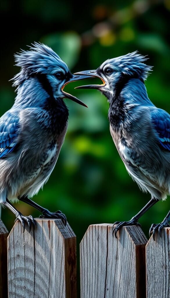 A close-up view of two blue jays in a heated social interaction, their feathers ruffled and their beaks open in a vocal exchange. The birds are perched on a weathered wooden fence, with a blurred natural backdrop of lush foliage. Dramatic, high-contrast lighting casts dramatic shadows, emphasizing the birds' intense body language and gestures. The scene conveys a sense of conflict and tension, but also the possibility of resolution through their communicative signals.