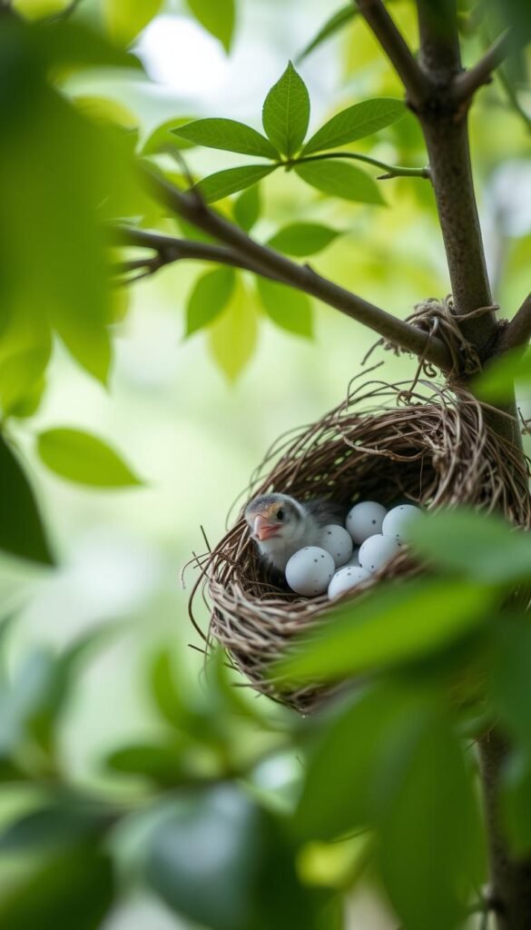 A cozy, natural scene of a small bird's nest nestled in the branches of a leafy tree. In the foreground, a delicate clutch of speckled eggs rests within the intricate woven structure. Soft, diffused lighting filters through the verdant foliage, casting a serene ambiance. The middle ground features a newly hatched baby bird, its fluffy down feathers and open beak conveying a sense of vulnerability. The background blurs into a tranquil woodland setting, hinting at the peaceful habitat. The overall composition evokes a sense of wonder and the fragility of avian life, inviting the viewer to approach the scene with care and respect.