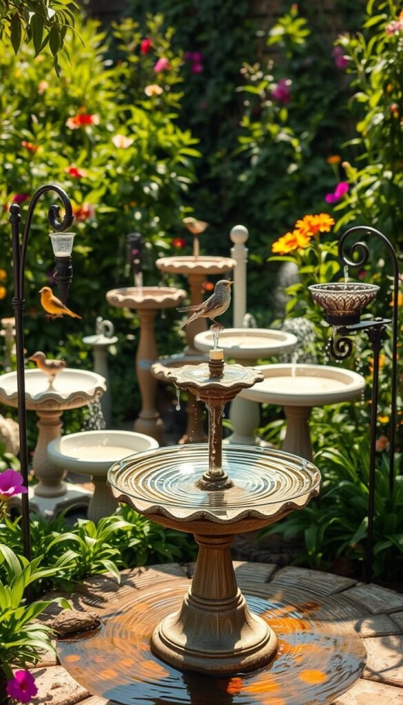 A delightful array of bird bath accessories in a lush, sun-dappled garden setting. In the foreground, a gently oscillating water wiggler creates mesmerizing ripples, inviting feathered visitors to splash and play. Flanking it, elegant drippers slowly release cascading streams, while misters gently mist the air, creating a refreshing, ambient atmosphere. The middle ground features an array of bird bath styles, each with its own unique design and functionality. The background depicts a verdant, overgrown garden, with vibrant flowers and lush foliage, setting the stage for this captivating display of avian-enhancing accoutrements. Warm, soft lighting illuminates the scene, casting a serene and inviting ambiance.