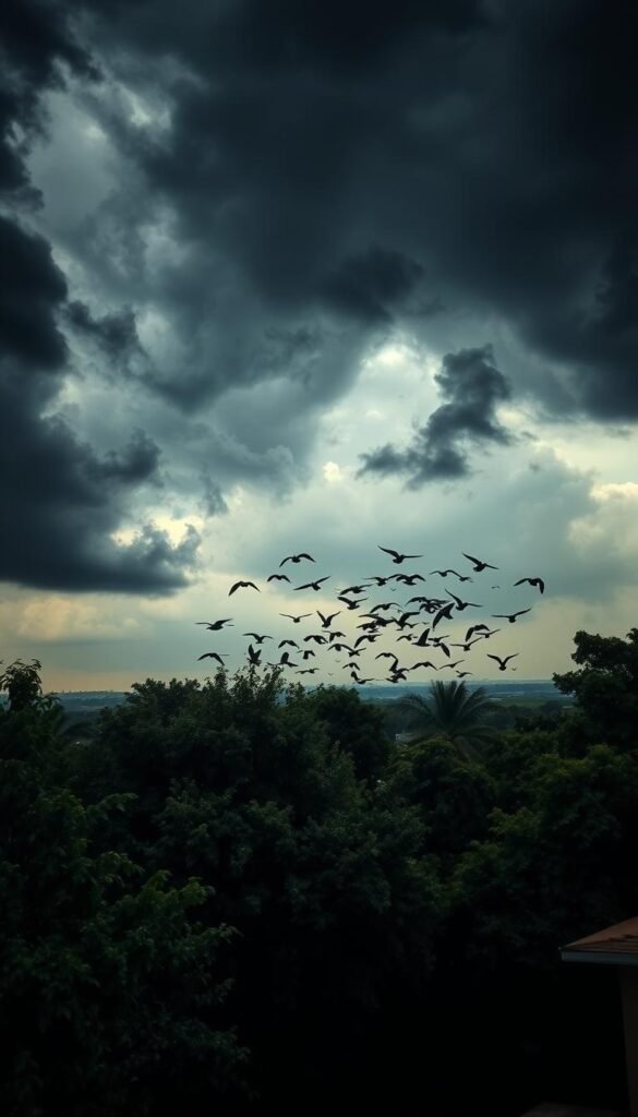 A dynamic aerial view of shifting weather patterns that disrupt the natural rhythms of a vibrant avian habitat. In the foreground, ominous storm clouds loom, casting dramatic shadows over a lush, tree-lined backyard. Gusting winds tousle the leaves, signaling an impending change. In the middle ground, a flock of birds, once plentiful, takes flight, their wings etched against the moody sky. The background fades into a hazy, atmospheric distance, hinting at the broader environmental forces at play. Crisp, high-contrast lighting and a wide-angle lens emphasize the scale and tension of this unfolding natural drama, creating a sense of unease and uncertainty. The overall mood is one of environmental disruption, where the delicate balance of a backyard ecosystem is thrown into flux by the shifting weather patterns that drive the birds away.