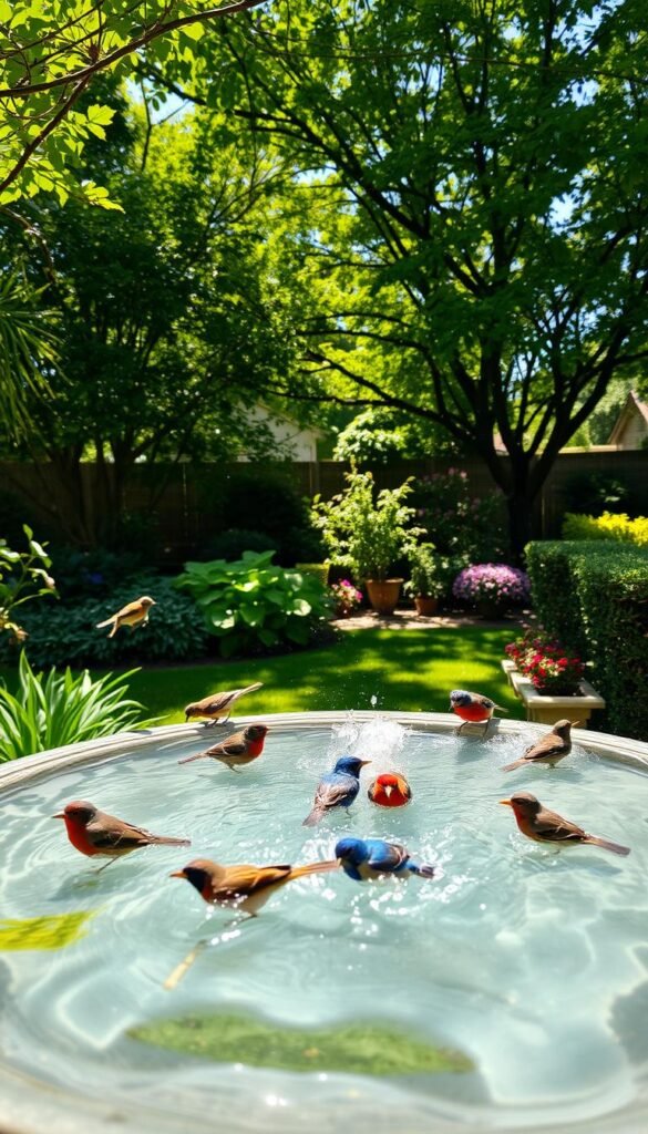 A lush backyard oasis, sunlight dappling through vibrant foliage. In the foreground, a tranquil bird bath overflows with crystal-clear water, inviting feathered visitors to bathe and quench their thirst. Midground, a variety of native songbirds - robins, bluebirds, finches - splash joyfully, their colorful plumage glistening. In the background, a verdant canopy of trees and shrubs provides a serene, sheltered haven. The scene exudes a sense of harmony, where water sustains the delicate balance of life in this backyard sanctuary. Captured with a wide-angle lens, the image conveys the essential role of water in supporting the vibrant ecosystem of backyard birds.