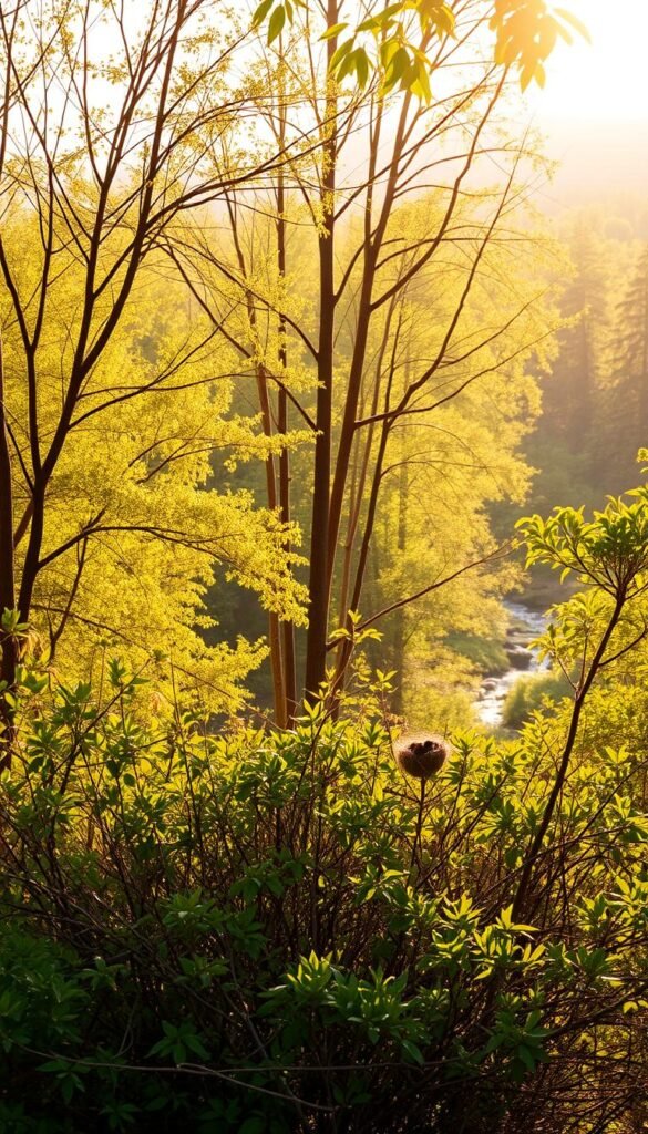 A lush, natural goldfinch nesting habitat set in a warm, sun-dappled landscape. In the foreground, a dense tangle of shrubs and small trees provide sheltered niches for the birds' cup-shaped nests. The middle ground features a mix of tall, graceful trees with delicate foliage, their branches swaying gently in a soft breeze. In the background, a tranquil forest scene with verdant foliage and a hint of a meandering stream or pond. Warm, golden sunlight filters through the leaves, casting a soft, inviting glow over the entire scene. The overall mood is one of serenity, comfort, and the perfect sanctuary for nesting goldfinches.