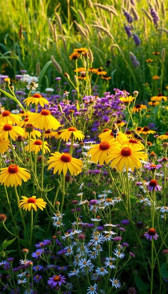 A lush, vibrant garden filled with an array of native plants, meticulously designed to attract the delightful goldfinch. In the foreground, clusters of bright yellow coneflowers sway gently in the warm breeze, their petals reflecting the golden hues of the birds that perch gracefully upon them. Midground, a mix of purple-hued asters and the delicate white blooms of yarrow create a captivating tapestry, providing both food and shelter for the goldfinches. Towards the background, a mix of native grasses and wildflowers, such as little bluestem and black-eyed Susans, form a natural backdrop, adding depth and texture to the scene. The lighting is warm and soft, casting a gentle glow over the entire composition, evoking a sense of tranquility and harmony between the native plants and the beloved goldfinch visitors.