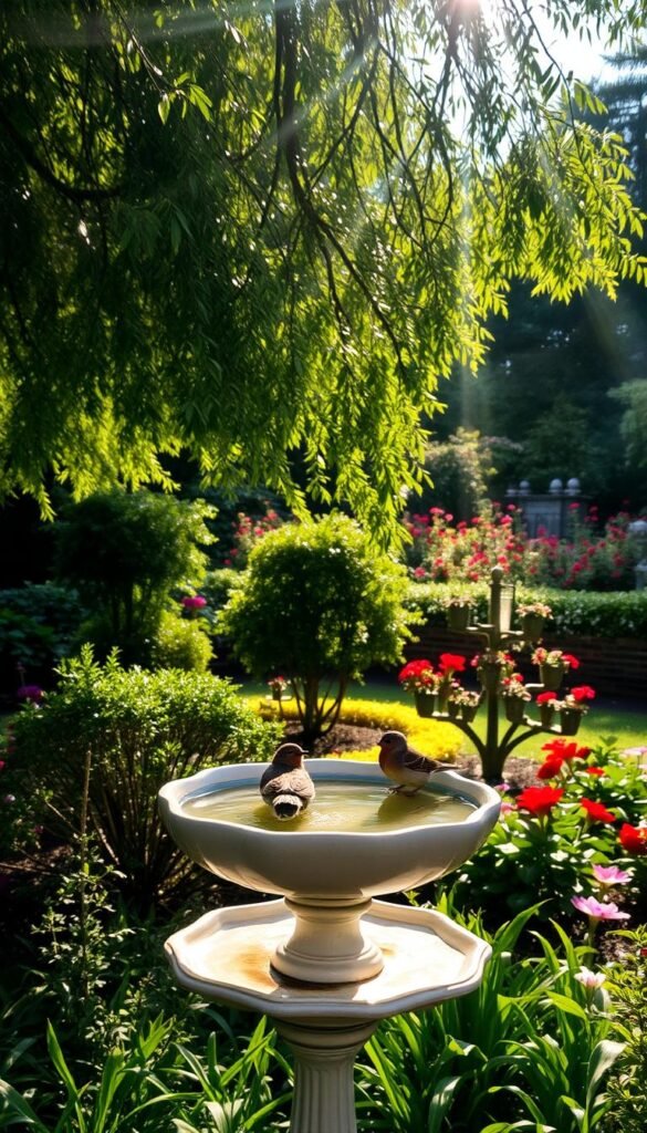 A peaceful bird bath set amidst a lush, verdant garden. Dappled sunlight filters through swaying trees, casting a warm, inviting glow. In the foreground, the bird bath stands proudly, its gentle curve and soothing water surface beckoning feathered visitors. The middle ground features strategically placed shrubs and foliage, offering sheltered perches and safe hiding spots for birds. The background showcases a harmonious blend of vibrant flowers, creating a visually captivating and serene environment. The camera angle is set to capture the bird bath in an elevated, slightly elevated perspective, emphasizing its prominence and accessibility. The overall atmosphere is one of tranquility, safety, and natural beauty, inviting birds to comfortably bathe and drink.