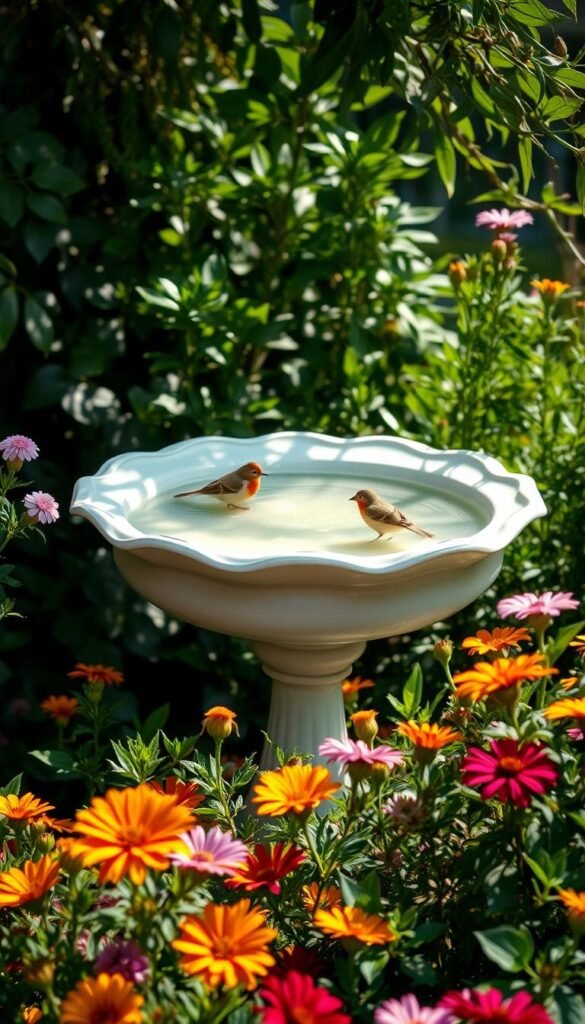 A serene bird bath nestled in a lush backyard oasis. The bath features a wide, shallow basin filled with clear water, ideal for birds to bathe and drink. Sunlight filters through the surrounding foliage, casting a warm, natural glow. The bath's sturdy, yet elegant design includes a non-slip surface and sloped sides for easy access. In the foreground, a variety of vibrant flowers and greenery frame the scene, creating a welcoming environment for feathered visitors. The composition is balanced, with the bird bath taking center stage, inviting the viewer to observe the tranquil beauty of this backyard haven.