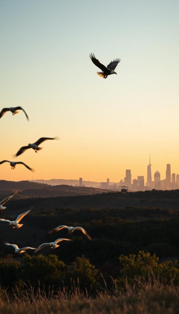 A serene outdoor scene showcasing the legal protections for the MBTA (Migratory Bird Treaty Act) and Bald and Golden Eagle Protection Act. In the foreground, a group of birds in flight, their wings outstretched against a warm, golden-hour sky. In the middle ground, a landscape of rolling hills and lush foliage, with a nested eagle soaring gracefully overhead. In the background, a silhouette of a city skyline, representing the potential for urban development and the need for environmental safeguards. The composition is balanced, with soft, diffused lighting and a sense of tranquility, underscoring the importance of these legal protections for preserving our avian wildlife.