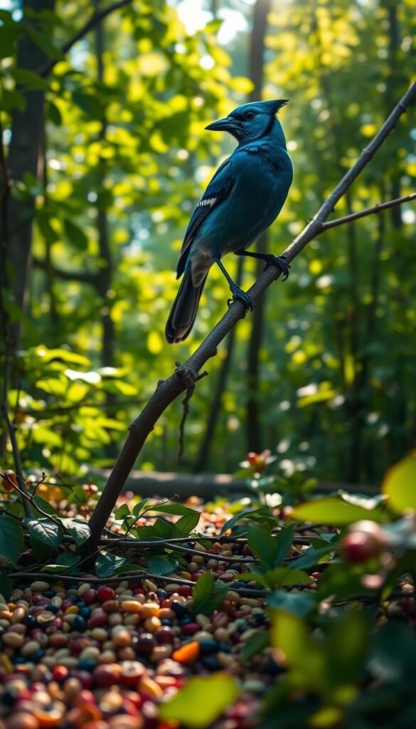 A sunlit forest scene, with a cunning blue jay perched atop a tree branch, surveying the undergrowth below. The bird's vivid azure plumage contrasts against the lush green foliage. In the foreground, scattered seeds and berries suggest the jay's diverse omnivorous diet, while the distant silhouette of a small rodent hints at the rare predatory behavior of this adaptable species. Soft, directional lighting creates depth and texture, capturing the serene yet dynamic essence of the bird's ecological role as a seed disperser. A wide-angle lens frames the scene to showcase the jay's integrated relationship with its forest habitat.