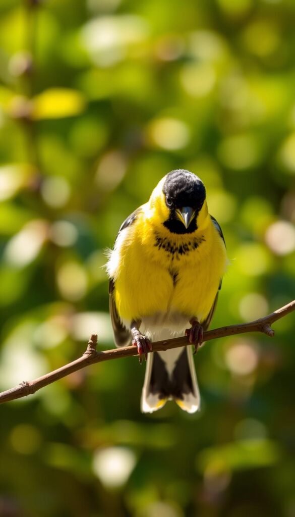 A sunny backyard scene with an American goldfinch perched on a twig, its vibrant yellow and black plumage contrasting against the soft, blurred greenery in the background. The bird is observed intently, its head slightly tilted as it preens its feathers, showcasing its natural behaviors. The lighting is warm and natural, casting a gentle glow over the serene setting. The image is captured with a shallow depth of field, drawing the viewer's attention to the captivating details of the goldfinch's movements and appearance.