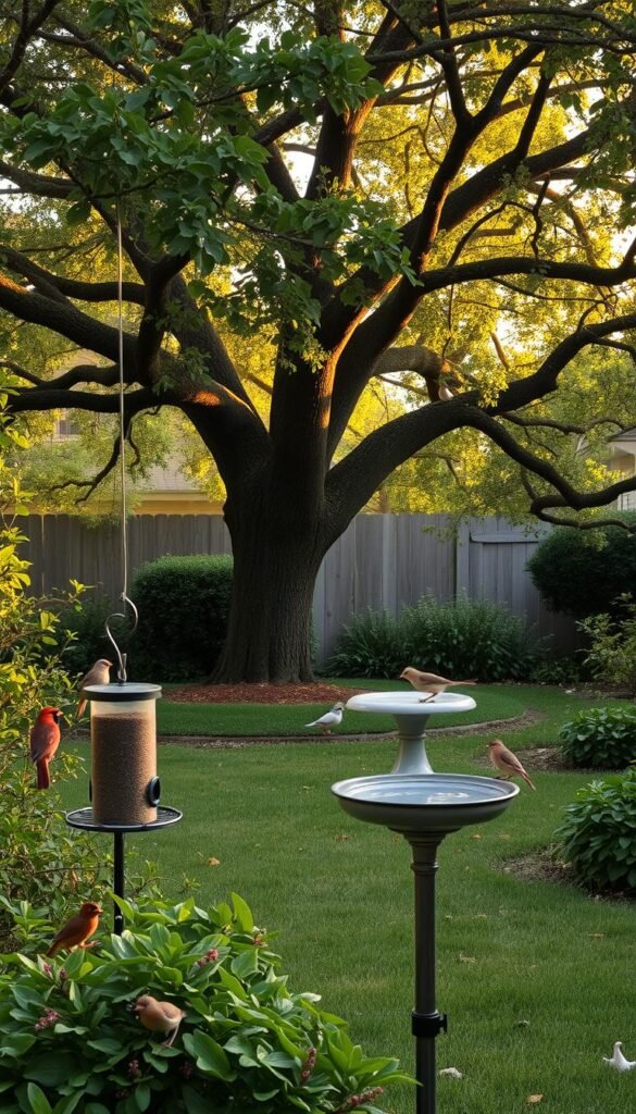 A tranquil backyard scene showcasing the natural ebb and flow of bird populations. In the foreground, a bird feeder stands amid lush foliage, drawing in a variety of species - finches, sparrows, and the occasional vibrant cardinal. The middle ground features a small birdbath, its surface rippling gently as birds bathe and drink. In the background, a sprawling tree canopy provides shaded perches, with birds flitting between branches. Soft, warm lighting filters through the leaves, casting a golden glow over the entire scene. The mood is one of peaceful observation, highlighting the cyclical nature of avian activity in a typical suburban setting.