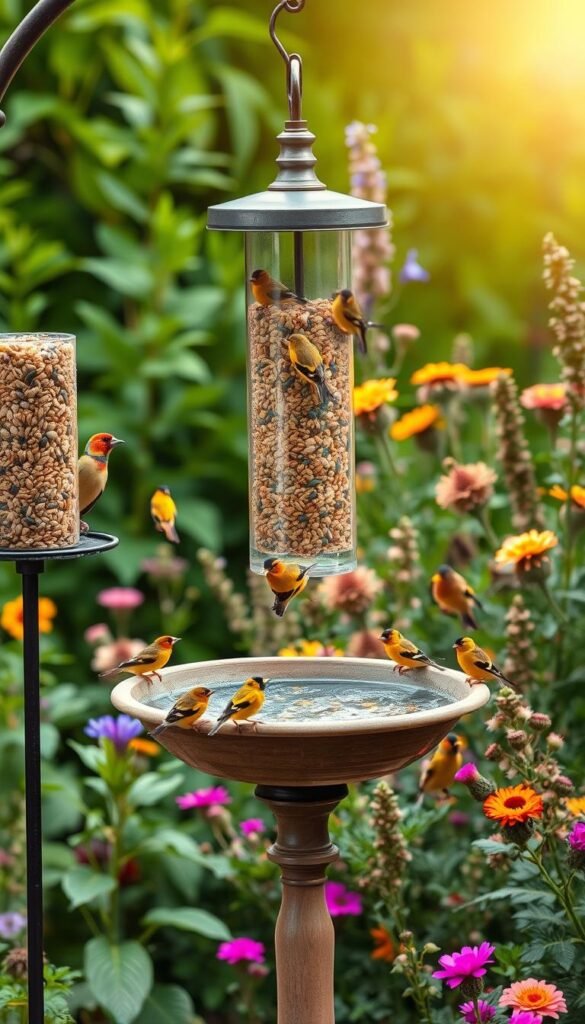 A vibrant goldfinch feeding station set against a lush, verdant backdrop. In the foreground, a multi-tiered feeder filled with a variety of nyjer and sunflower seeds, attracting a flock of colorful goldfinches perched and flitting about. The middle ground features a birdbath with clear, sparkling water, inviting the birds to bathe and drink. In the background, a carefully curated selection of native flowering plants and shrubs, providing natural shelter and foraging opportunities. Soft, diffused natural light filters through the scene, creating a warm, inviting atmosphere. The composition is balanced and visually appealing, capturing the essence of an ideal goldfinch feeding station setup.
