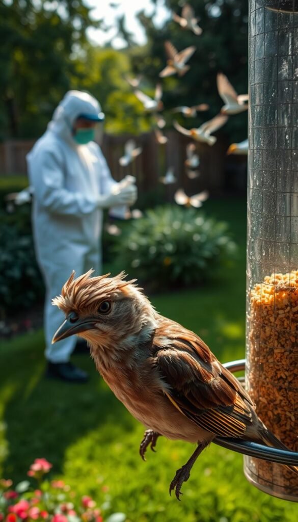 A well-lit scene depicting the hazards of unsanitary bird feeders. In the foreground, a close-up of a diseased bird perched on a feeder, its feathers ruffled and eyes sunken. In the middle ground, a person in protective gear carefully disinfecting the feeder with a cleaning solution. The background shows a lush backyard setting, with healthy birds flying amidst a verdant landscape. The lighting is soft and natural, conveying a sense of both the peril and the importance of maintaining clean and safe feeding stations for our avian friends.