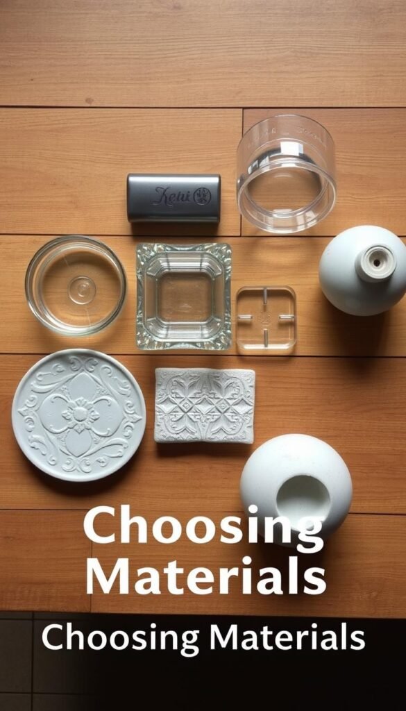 An array of materials laid out neatly on a wooden table - gleaming metal, smooth plastic, transparent glass, sturdy concrete, and elegant ceramic. Soft, diffused lighting casts gentle shadows, highlighting the unique textures and properties of each material. The composition is balanced, with the items arranged in an aesthetically pleasing manner, inviting the viewer to explore and compare the different options. The overall mood is one of clarity, thoughtfulness, and a sense of informed decision-making, perfectly suited for the "Choosing Materials" section of the article on selecting the perfect bird bath.
