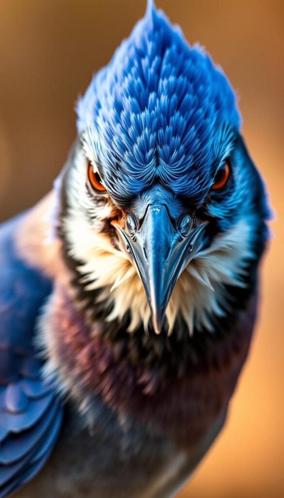 Detailed close-up portrait of an aggressive blue jay, its piercing gaze and sharp beak commanding attention. The bird's vibrant blue feathers and crest are rendered in vivid detail, capturing its bold and assertive personality. The background is softly blurred, placing the subject in focus and emphasizing its dominant presence. Warm, natural lighting illuminates the scene, creating a sense of depth and atmosphere. The image conveys the blue jay's fierce territoriality and complex ecological role, inviting the viewer to closely observe and appreciate this captivating species.