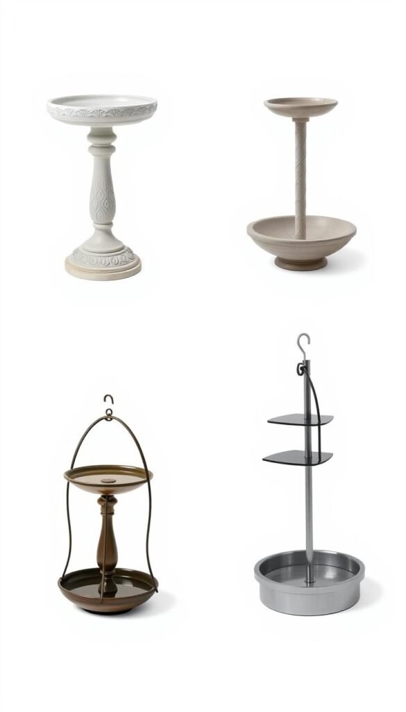 Four different bird bath designs, each on a white background: a pedestal-mounted bath, a ground-level bath, a hanging bath, and a deck-mounted bath. The pedestal bath is an elegant ceramic design with subtle patterns. The ground bath is a simple, smooth concrete bowl shape. The hanging bath is a wrought iron frame with a shallow basin. The deck-mounted bath is a modern, minimalist stainless steel design. All the baths are filled with clear water and have a soothing, tranquil atmosphere, inviting birds to bathe and drink. Soft, diffused lighting highlights the textures and forms of each unique bath design.