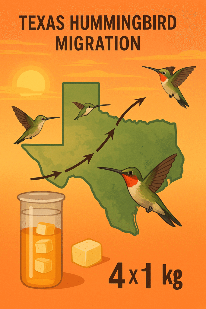 Graphic of Texas hummingbird migration showing arrows and hummingbirds with a sugar jar of nectar, representing nectar mixture and bee-proofing strategies