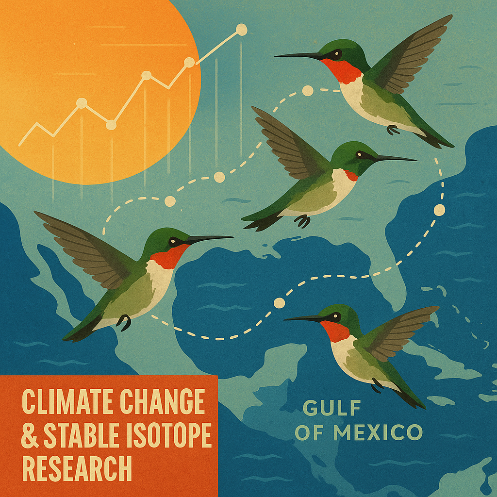 Illustration of climate change and stable isotope research with hummingbirds flying over the Gulf of Mexico, graph lines and sun representing warming trends