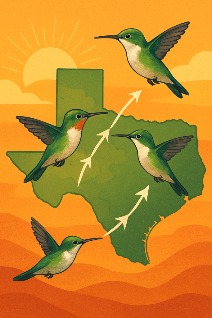 Stylized illustration of hummingbirds migrating across Texas with sun and arrow