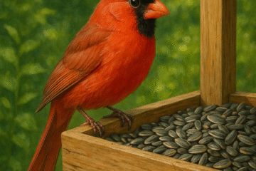 A male cardinal perched on a platform feeder filled with seeds, demonstrating the wide perch and stable platform necessary for cardinals.
