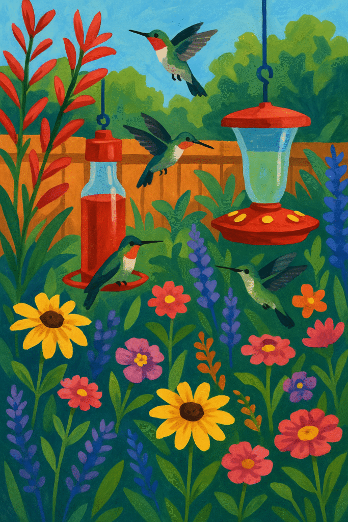 Colorful backyard hummingbird garden with feeders, flowers and hovering hummingbirds in a decorative style