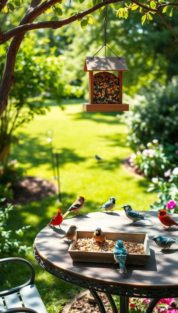 A serene backyard scene showcasing a variety of bird feeders designed to attract specific species, surrounded by lush greenery. In the foreground, a wooden bird feeder hangs from a sturdy branch, filled with colorful bird seeds, while a small tray feeder rests on a rustic garden table. In the middle ground, various birds such as <a href=