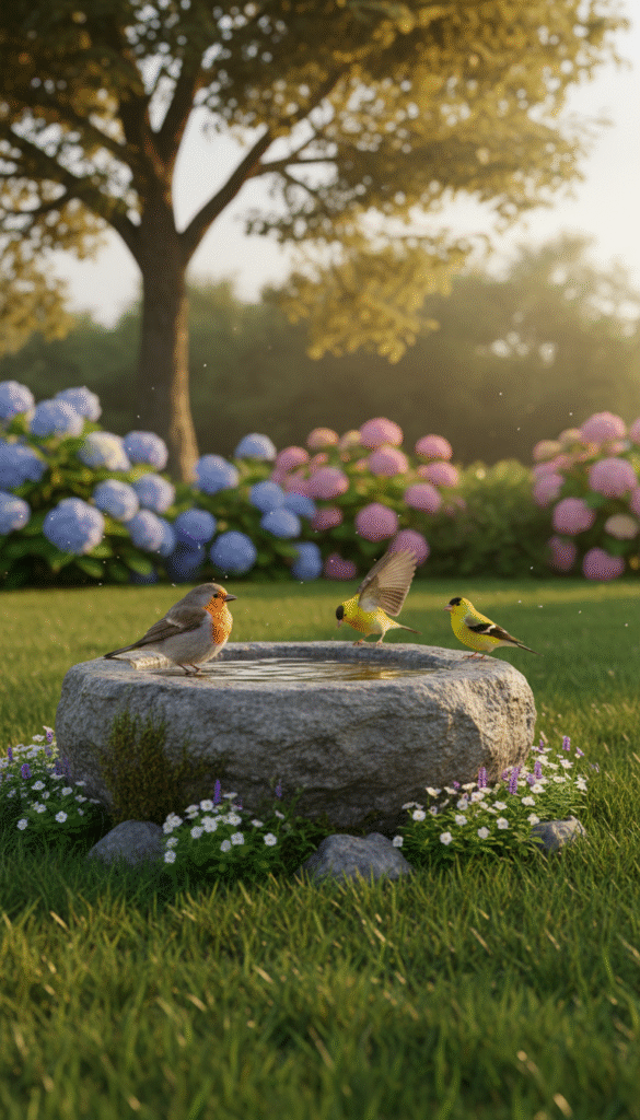 A charming backyard scene featuring a neatly installed bird bath as the focal point. In the foreground, the bird bath is made of rustic stone, adorned with subtle moss and delicate flowers around its base. In the middle ground, vibrant green grass surrounds the bird bath, while a few colorful birds, such as robins and finches, are playfully drinking and bathing. The background reveals flowering shrubs and a tall tree gently swaying in a soft breeze, illuminated by warm, golden sunlight, creating a welcoming atmosphere. The image is captured from a low angle, emphasizing the bird bath and the lively birds, with a shallow depth of field that softly blurs the background, enhancing the serene mood of the scene.
