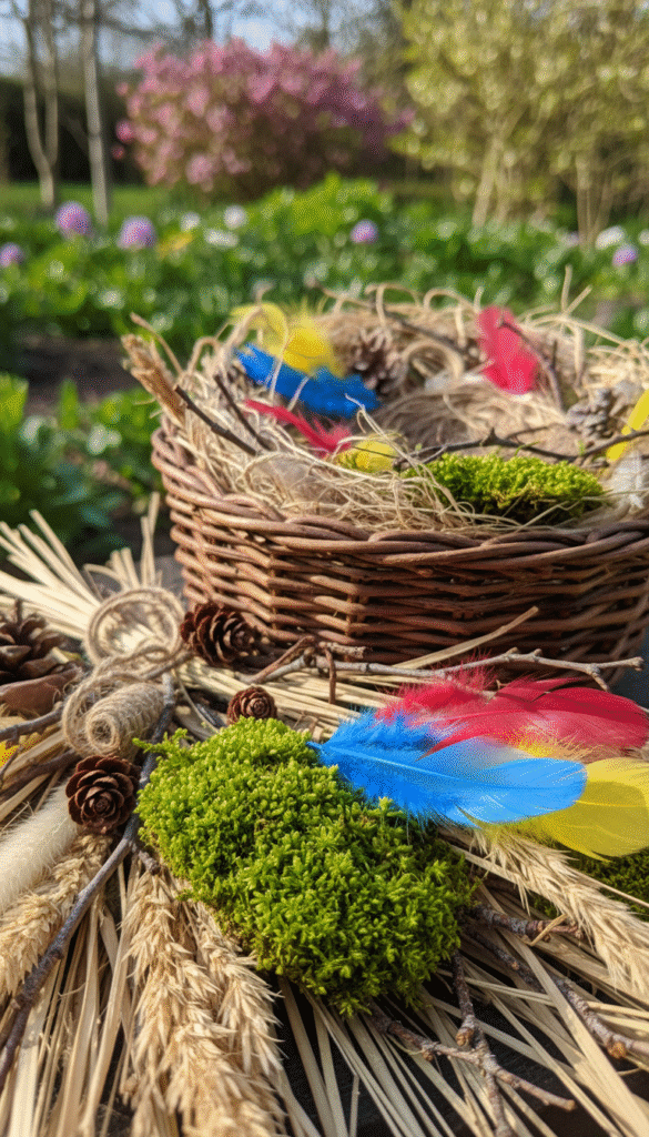 A close-up image capturing an array of bird nesting materials artfully arranged together. In the foreground, vibrant green moss sits alongside soft, dried grass and colorful feathers. Twigs, small pine cones, and bits of natural string are woven throughout. The middle ground features a rustic wicker basket overflowing with these materials, hinting at a cozy nesting spot. In the background, a blurred garden scene basks in warm, golden sunlight, with hints of blooming flowers and lush foliage, establishing a serene spring atmosphere. The lighting is soft and natural, reminiscent of late afternoon, creating a calm and inviting mood. Use a macro lens effect to emphasize the textures of the nesting materials while gently blurring the background for depth.